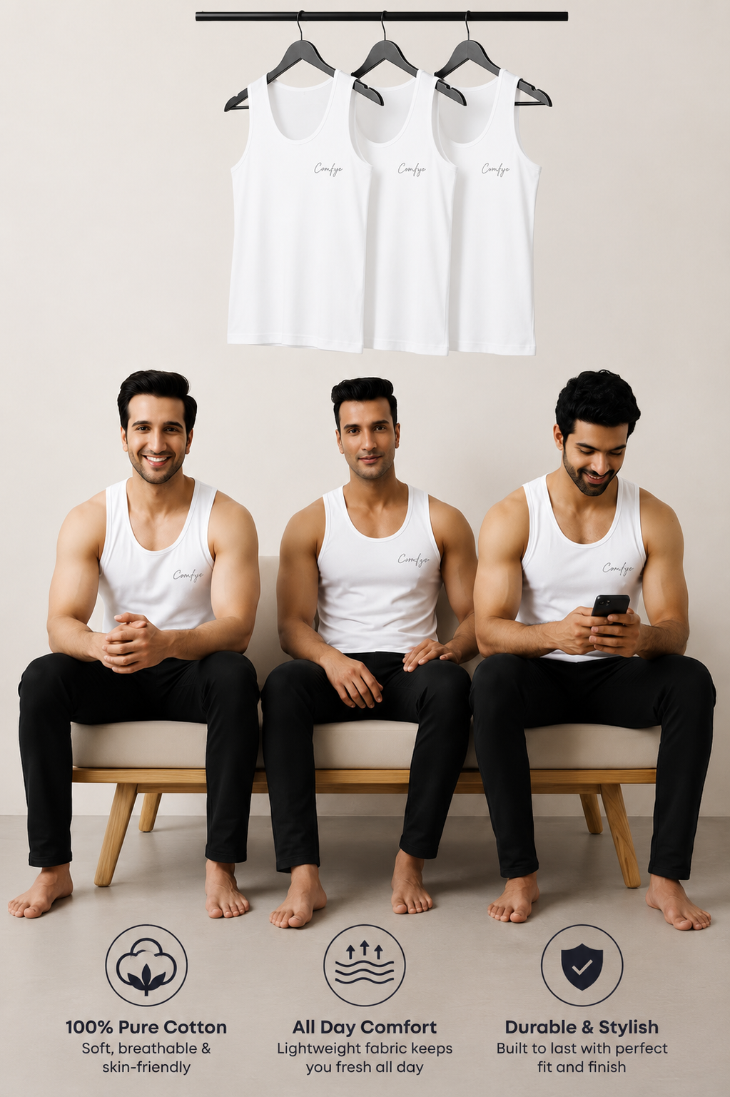 Comfyo Men's Premium Cotton Vest – White – Pack of 5