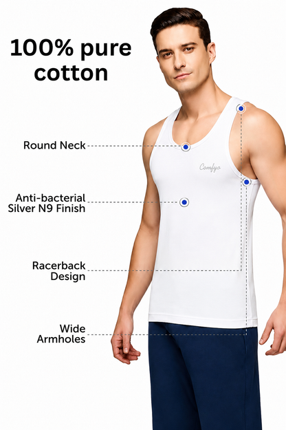 Comfyo Men's Premium Cotton Vest – White – Pack of 5