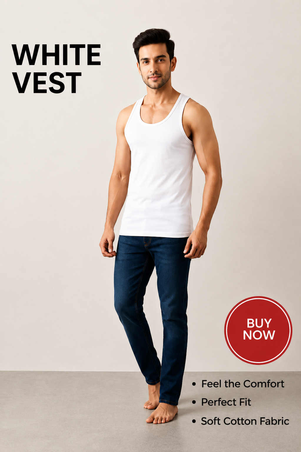 Comfyo Men's Premium Cotton Vest – White – Pack of 5