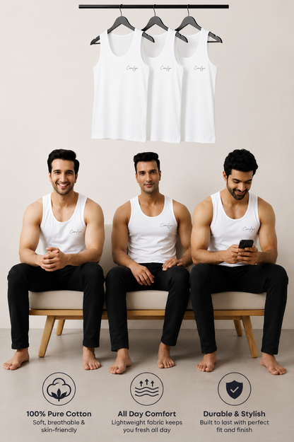 Comfyo Men's Premium Cotton Vest – White – Pack of 5